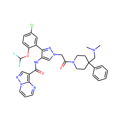 CN(C)CC1(c2ccccc2)CCN(C(=O)Cn2cc(NC(=O)c3cnn4cccnc34)c(-c3cc(Cl)ccc3OC(F)F)n2)CC1 ZINC001772624405