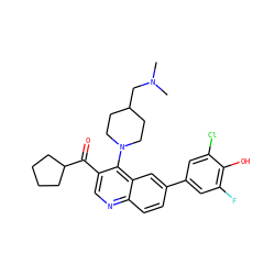 CN(C)CC1CCN(c2c(C(=O)C3CCCC3)cnc3ccc(-c4cc(F)c(O)c(Cl)c4)cc23)CC1 ZINC000203989904