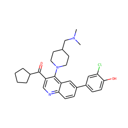 CN(C)CC1CCN(c2c(C(=O)C3CCCC3)cnc3ccc(-c4ccc(O)c(Cl)c4)cc23)CC1 ZINC000203989254