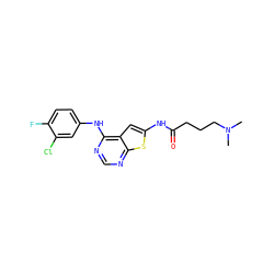 CN(C)CCCC(=O)Nc1cc2c(Nc3ccc(F)c(Cl)c3)ncnc2s1 ZINC000169311800