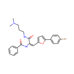 CN(C)CCCNC(=O)/C(=C\c1ccc(-c2ccc(Br)cc2)o1)NC(=O)c1ccccc1 ZINC000008855135