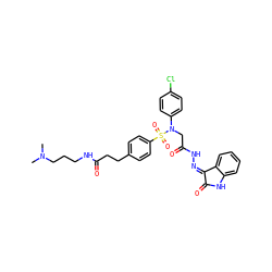 CN(C)CCCNC(=O)CCc1ccc(S(=O)(=O)N(CC(=O)N/N=C2/C(=O)Nc3ccccc32)c2ccc(Cl)cc2)cc1 ZINC000003961890