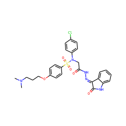 CN(C)CCCOc1ccc(S(=O)(=O)N(CC(=O)N/N=C2/C(=O)Nc3ccccc32)c2ccc(Cl)cc2)cc1 ZINC000001552637