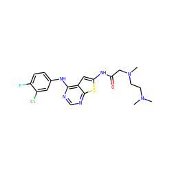 CN(C)CCN(C)CC(=O)Nc1cc2c(Nc3ccc(F)c(Cl)c3)ncnc2s1 ZINC000169311802