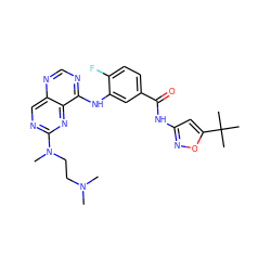 CN(C)CCN(C)c1ncc2ncnc(Nc3cc(C(=O)Nc4cc(C(C)(C)C)on4)ccc3F)c2n1 ZINC000148241130