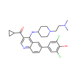 CN(C)CCN1CCC(Nc2c(C(=O)C3CC3)cnc3ccc(-c4cc(Cl)c(O)c(Cl)c4)cc23)CC1 ZINC000114038029