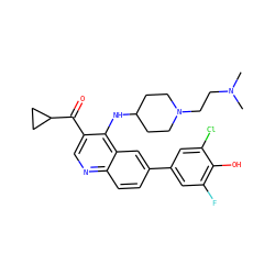 CN(C)CCN1CCC(Nc2c(C(=O)C3CC3)cnc3ccc(-c4cc(F)c(O)c(Cl)c4)cc23)CC1 ZINC000114039169