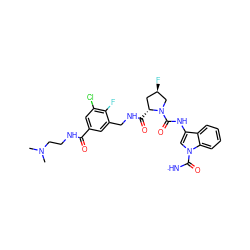 CN(C)CCNC(=O)c1cc(Cl)c(F)c(CNC(=O)[C@@H]2C[C@@H](F)CN2C(=O)Nc2cn(C([NH])=O)c3ccccc23)c1 ZINC000473153262