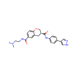 CN(C)CCNC(=O)c1ccc2c(c1)C[C@H](C(=O)Nc1ccc(-c3cn[nH]c3)cc1)CO2 ZINC000040919112