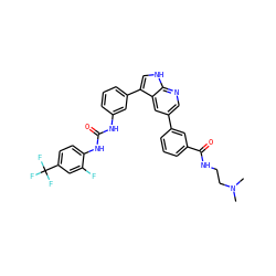 CN(C)CCNC(=O)c1cccc(-c2cnc3[nH]cc(-c4cccc(NC(=O)Nc5ccc(C(F)(F)F)cc5F)c4)c3c2)c1 ZINC000042964230