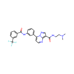 CN(C)CCNC(=O)c1cnn2c(-c3cccc(NC(=O)c4cccc(C(F)(F)F)c4)c3)ccnc12 ZINC000043059782