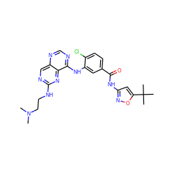 CN(C)CCNc1ncc2ncnc(Nc3cc(C(=O)Nc4cc(C(C)(C)C)on4)ccc3Cl)c2n1 ZINC000148087497
