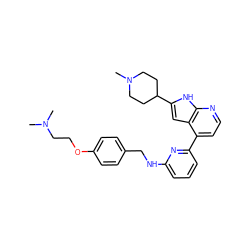 CN(C)CCOc1ccc(CNc2cccc(-c3ccnc4[nH]c(C5CCN(C)CC5)cc34)n2)cc1 ZINC000226034000