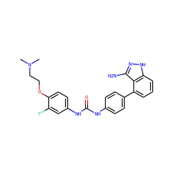CN(C)CCOc1ccc(NC(=O)Nc2ccc(-c3cccc4[nH]nc(N)c34)cc2)cc1F ZINC000473154694