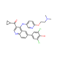 CN(C)CCOc1ccc(Nc2c(C(=O)C3CC3)cnc3ccc(-c4cc(Cl)c(O)c(Cl)c4)cc23)cn1 ZINC000114036809