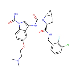 CN(C)CCOc1ccc2c(c1)c(NC(=O)N1[C@H](C(=O)NCc3cccc(Cl)c3F)C[C@H]3C[C@H]31)cn2C(N)=O ZINC000200869889