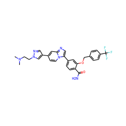 CN(C)CCn1cc(-c2ccn3c(-c4ccc(C(N)=O)c(OCc5ccc(C(F)(F)F)cc5)c4)cnc3c2)cn1 ZINC001772644750