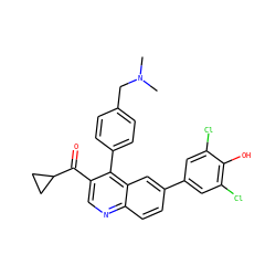 CN(C)Cc1ccc(-c2c(C(=O)C3CC3)cnc3ccc(-c4cc(Cl)c(O)c(Cl)c4)cc23)cc1 ZINC000114036844