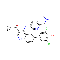 CN(C)Cc1ccc(Nc2c(C(=O)C3CC3)cnc3ccc(-c4cc(Cl)c(O)c(Cl)c4)cc23)cn1 ZINC000114035705