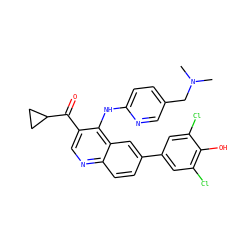 CN(C)Cc1ccc(Nc2c(C(=O)C3CC3)cnc3ccc(-c4cc(Cl)c(O)c(Cl)c4)cc23)nc1 ZINC000114035259
