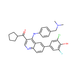 CN(C)Cc1ccc(Nc2c(C(=O)C3CCCC3)cnc3ccc(-c4cc(F)c(O)c(Cl)c4)cc23)cc1 ZINC000219381803