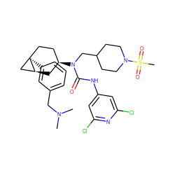 CN(C)Cc1cccc([C@]23CC[C@@H](N(CC4CCN(S(C)(=O)=O)CC4)C(=O)Nc4cc(Cl)nc(Cl)c4)C[C@H]2C3)c1 ZINC000028650188