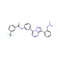CN(C)Cc1ccccc1-c1cnn2c(-c3cccc(NC(=O)c4cccc(C(F)(F)F)c4)c3)ccnc12 ZINC000049053480
