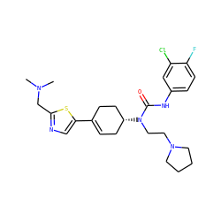 CN(C)Cc1ncc(C2=CC[C@@H](N(CCN3CCCC3)C(=O)Nc3ccc(F)c(Cl)c3)CC2)s1 ZINC000028650303
