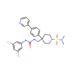 CN(C)S(=O)(=O)N1CCC(CNC(=O)Nc2cc(Cl)cc(Cl)c2)(c2ccc(-c3cccnc3)cc2)CC1 ZINC000028115811