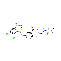 CN(C)S(=O)(=O)N1CCN(C(=O)c2cc(Cc3c[nH]c(=O)c4cc(Cl)c(Cl)n34)ccc2F)CC1 ZINC000049761780