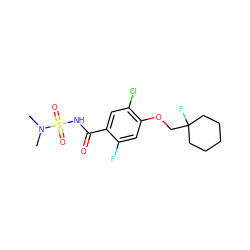 CN(C)S(=O)(=O)NC(=O)c1cc(Cl)c(OCC2(F)CCCCC2)cc1F ZINC000216202080