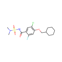 CN(C)S(=O)(=O)NC(=O)c1cc(Cl)c(OCC2CCCCC2)cc1F ZINC000216200895