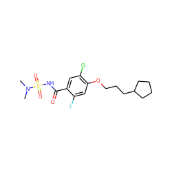 CN(C)S(=O)(=O)NC(=O)c1cc(Cl)c(OCCCC2CCCC2)cc1F ZINC000216201942