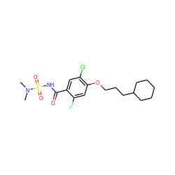 CN(C)S(=O)(=O)NC(=O)c1cc(Cl)c(OCCCC2CCCCC2)cc1F ZINC000216201544