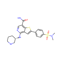 CN(C)S(=O)(=O)c1ccc(-c2cc3c(N[C@H]4CCCNC4)ncc(C(N)=O)c3s2)cc1 ZINC000064550013