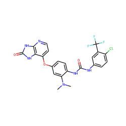 CN(C)c1cc(Oc2ccnc3[nH]c(=O)[nH]c23)ccc1NC(=O)Nc1ccc(Cl)c(C(F)(F)F)c1 ZINC000040972442
