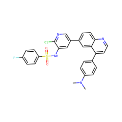 CN(C)c1ccc(-c2ccnc3ccc(-c4cnc(Cl)c(NS(=O)(=O)c5ccc(F)cc5)c4)cc23)cc1 ZINC000073159010