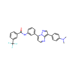 CN(C)c1ccc(-c2cnn3c(-c4cccc(NC(=O)c5cccc(C(F)(F)F)c5)c4)ccnc23)cc1 ZINC000049109740