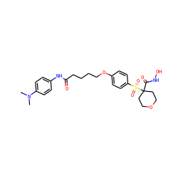 CN(C)c1ccc(NC(=O)CCCCOc2ccc(S(=O)(=O)C3(C(=O)NO)CCOCC3)cc2)cc1 ZINC000071341277
