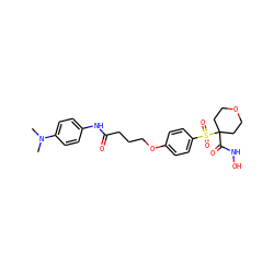 CN(C)c1ccc(NC(=O)CCCOc2ccc(S(=O)(=O)C3(C(=O)NO)CCOCC3)cc2)cc1 ZINC000071335367