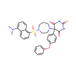CN(C)c1cccc2c(S(=O)(=O)N3CCCN(C4(c5ccc(Oc6ccccc6)cc5)C(=O)NC(=O)NC4=O)CC3)cccc12 ZINC000072108200