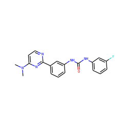 CN(C)c1ccnc(-c2cccc(NC(=O)Nc3cccc(F)c3)c2)n1 ZINC001772605471