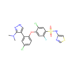 CN(C)c1n[nH]cc1-c1cc(Cl)ccc1Oc1cc(F)c(S(=O)(=O)Nc2cscn2)cc1Cl ZINC000095581473