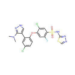 CN(C)c1n[nH]cc1-c1cc(Cl)ccc1Oc1cc(F)c(S(=O)(=O)Nc2nncs2)cc1Cl ZINC000095585758
