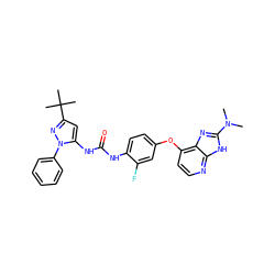 CN(C)c1nc2c(Oc3ccc(NC(=O)Nc4cc(C(C)(C)C)nn4-c4ccccc4)c(F)c3)ccnc2[nH]1 ZINC000058582449