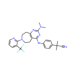CN(C)c1nc2c(c(Nc3ccc(C(C)(C)C#N)cc3)n1)CCN(c1ncccc1C(F)(F)F)CC2 ZINC000144323394