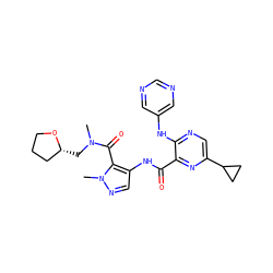 CN(C[C@@H]1CCCO1)C(=O)c1c(NC(=O)c2nc(C3CC3)cnc2Nc2cncnc2)cnn1C ZINC000149811498