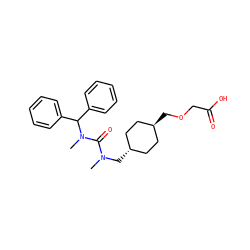 CN(C[C@H]1CC[C@H](COCC(=O)O)CC1)C(=O)N(C)C(c1ccccc1)c1ccccc1 ZINC001772583205