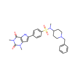 CN(C1CCN(Cc2ccccc2)CC1)S(=O)(=O)c1ccc(-c2cc3c([nH]2)c(=O)n(C)c(=O)n3C)cc1 ZINC000036190449