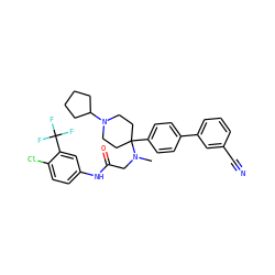 CN(CC(=O)Nc1ccc(Cl)c(C(F)(F)F)c1)C1(c2ccc(-c3cccc(C#N)c3)cc2)CCN(C2CCCC2)CC1 ZINC000038157914